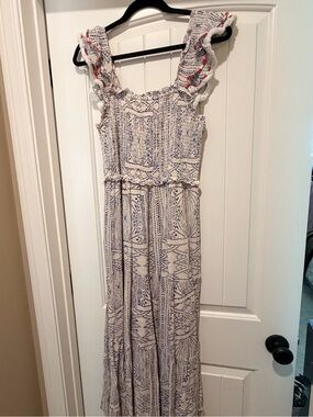 THML White Maxi Dress with Navy Tribal Print